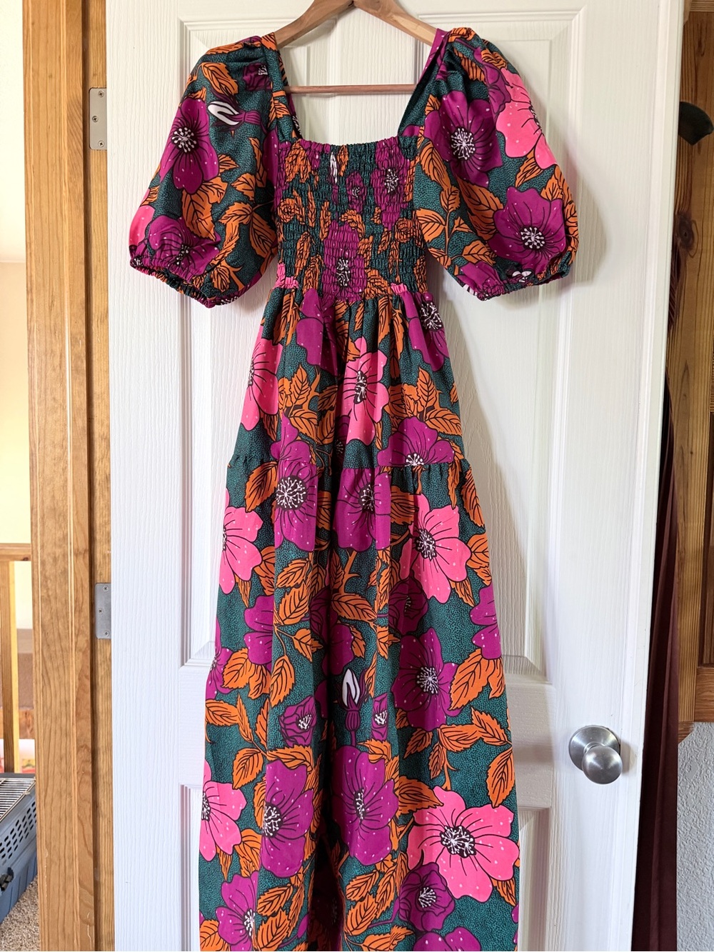 Elisamama Hibiscus Smocked Maxi Dress, Floral, Puff-Sleeve, Pockets, Sz XS,